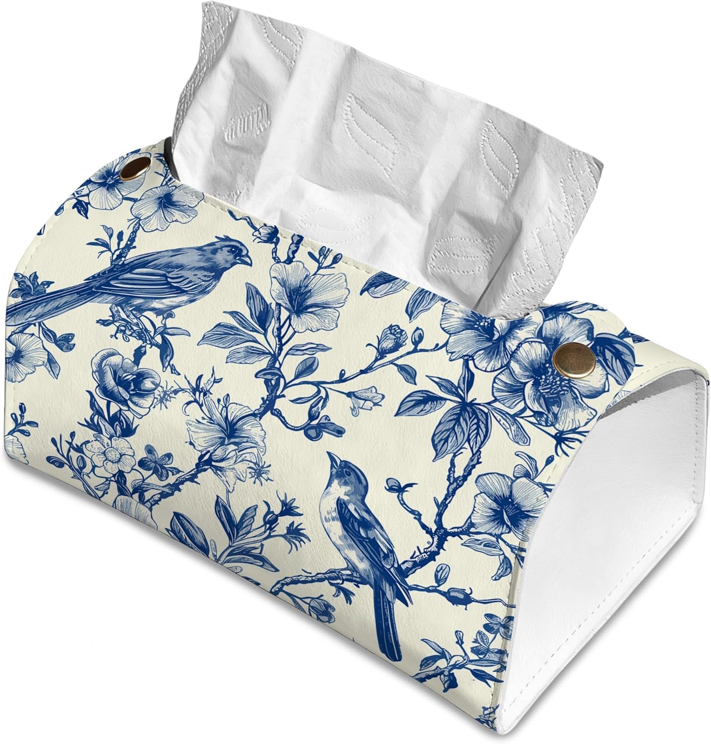 Bird on Blooming Branches Tissue Box Cover Holder – Blue Flower Rectangular Tissue Organizer, Decorative Napkin Box Case for Home, Office & Car