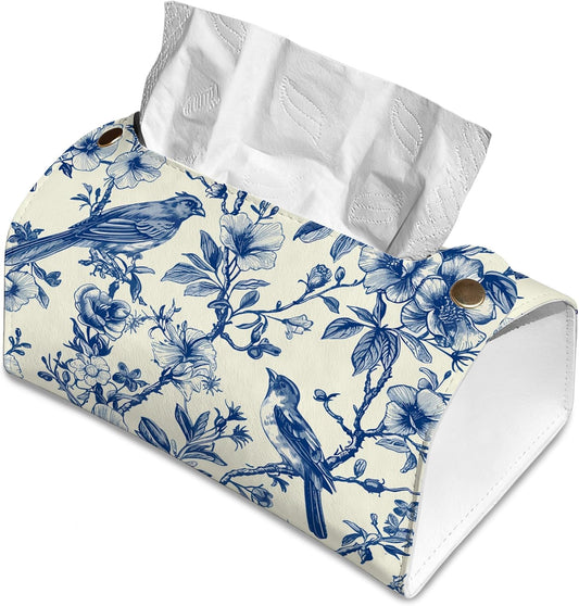 Bird on Blooming Branches Tissue Box Cover Holder – Blue Flower Rectangular Tissue Organizer, Decorative Napkin Box Case for Home, Office & Car