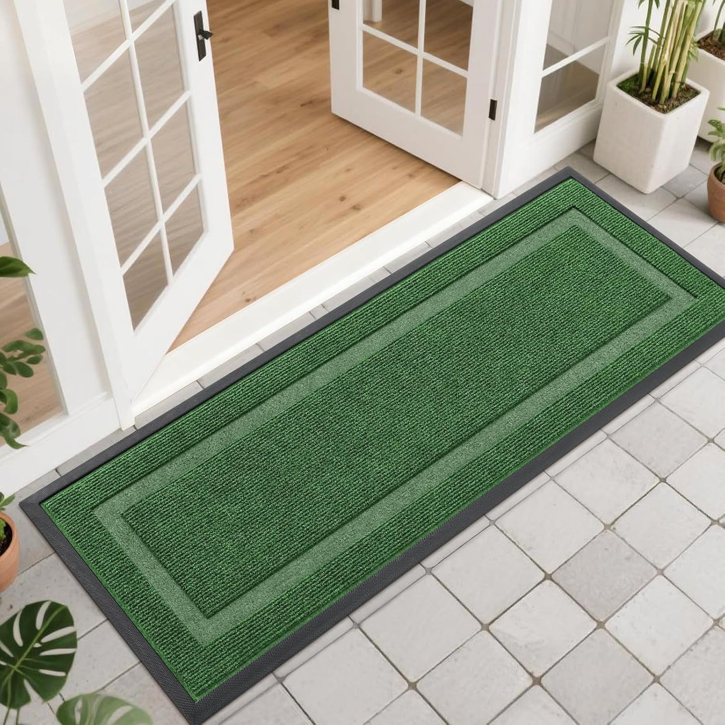 OLANLY Front Door Mat Indoor Outdoor Entrance, Waterproof All-Season, All-Weather Doormat, Sturdy Natural Rubber, Fade Resistant, Low Profile, Easy Clean Patio Porch Entryway Mat, 47x17, Green