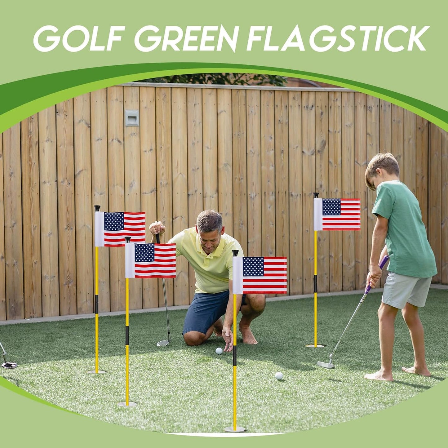 Meooeck 4 Pack Golf Flagstick 3ft Putting Green Pin Flag and Hole Cup Set for Yard Portable 2 Section Fiberglass Mini Golf Set for Driving Range Backyard, Double-side American Flag