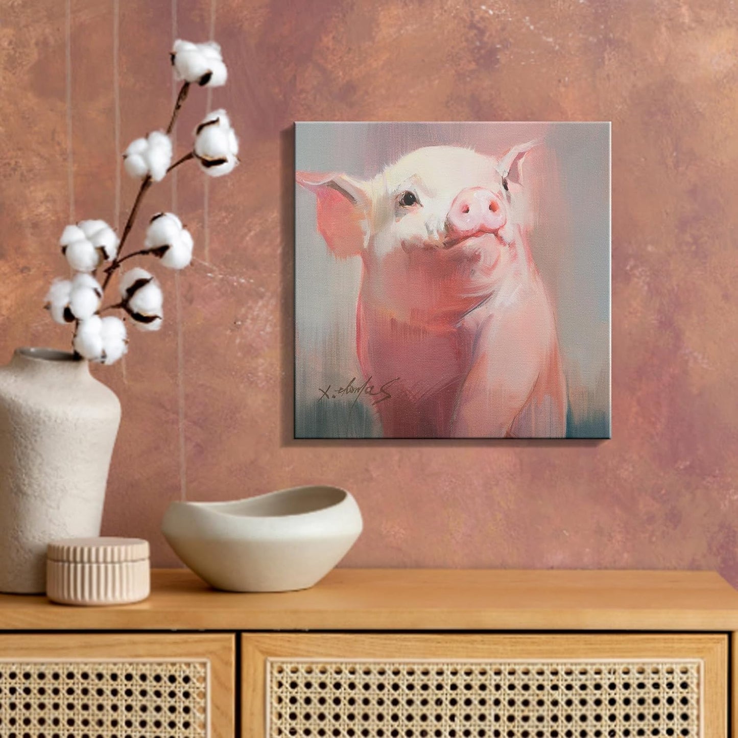 JZLDZS Cute Pink Pig Wall Art for Bathroom Nursery Decor, 12x12 Inch Ready to Hang Framed Farm Animal Canvas Print for Pig Lovers