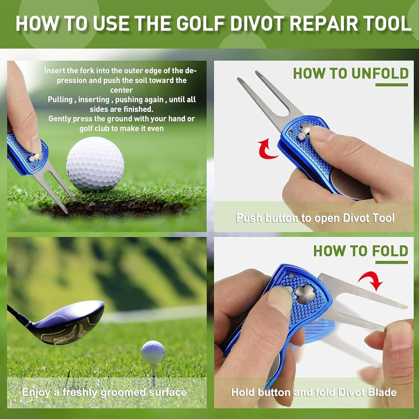 Golf Divot Tool with Magnetic Ball Marker, Multifunctional Divot Tool, Foldable Fork,Fix Divots, Clean Clubs and Cleats, U Shape Bottom can Hold Club