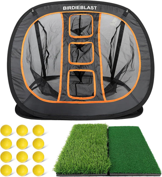Professinoal Golf Chipping Net with Golf Hitting Mat,12 Practice Foam Balls and 2 Pixing Pins, for Indoor and Outdoor Target Chipping Training