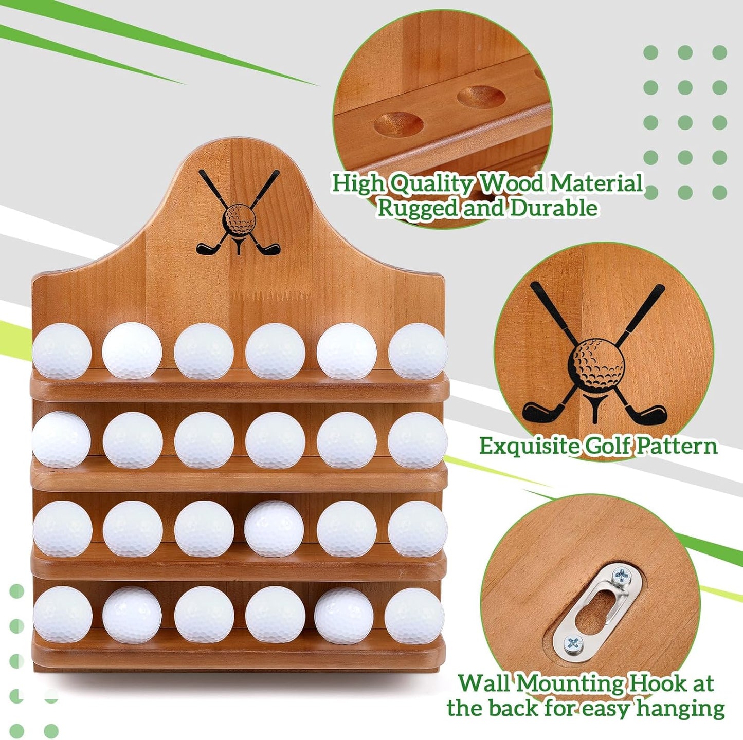 Marsui Wooden Golf Ball Display Case 24 Balls Wall Mounted Golf Ball Display Holder Father's Day Collection Gifts for Golf Ball Enthusiasts Dad, 15. 8 x 11. 8 Inch