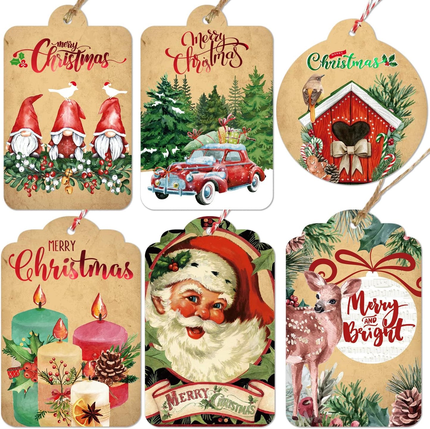 Christmas Gift Tags 60 Count with Untied String 15 Assorted Foil, Printed Designs for DIY Xmas Present Wrap and Label Package Name Card