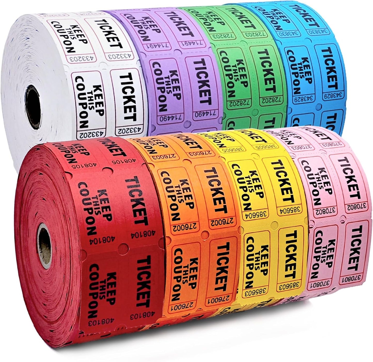 9600 Double Tickets, 1200 Tickets Per Roll, Assorted 50/50 Tickets Roll for Events, Entry, Carnivals, and Door Prizes (Blue/Red/Green/Yellow/Orange/Purple/White/Pink)