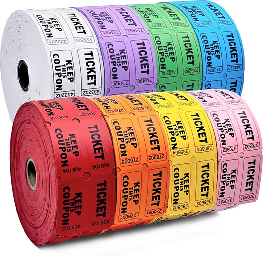 9600 Double Tickets, 1200 Tickets Per Roll, Assorted 50/50 Tickets Roll for Events, Entry, Carnivals, and Door Prizes (Blue/Red/Green/Yellow/Orange/Purple/White/Pink)