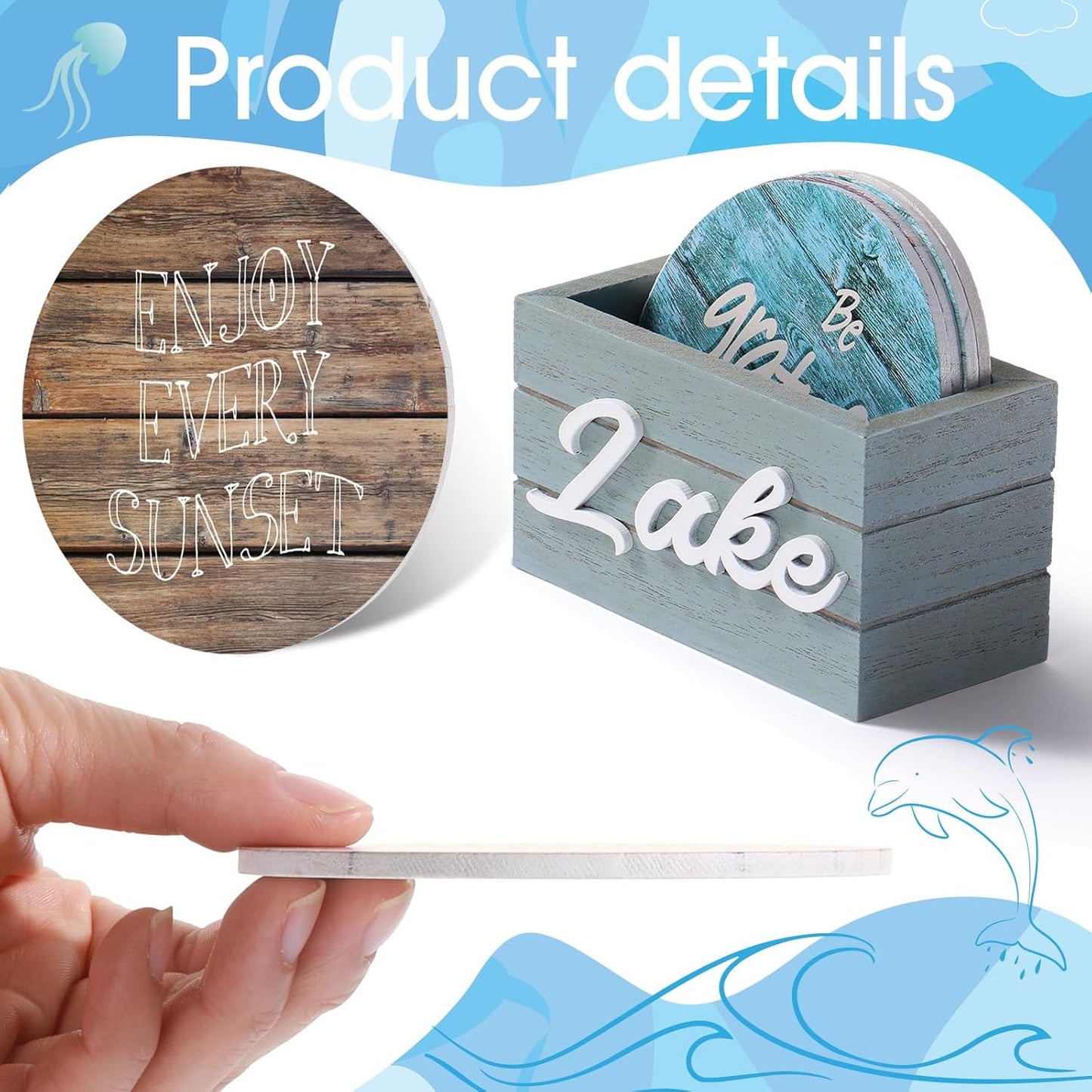 Queekay 6 Set Lake Theme Coasters with Holder for Drinks, Lake House Gifts for Lake Lovers, 4'' Wooden Coasters with Lake Sayings Housewarming Gifts for Home Lake Theme Bar Coffee Table Decorations