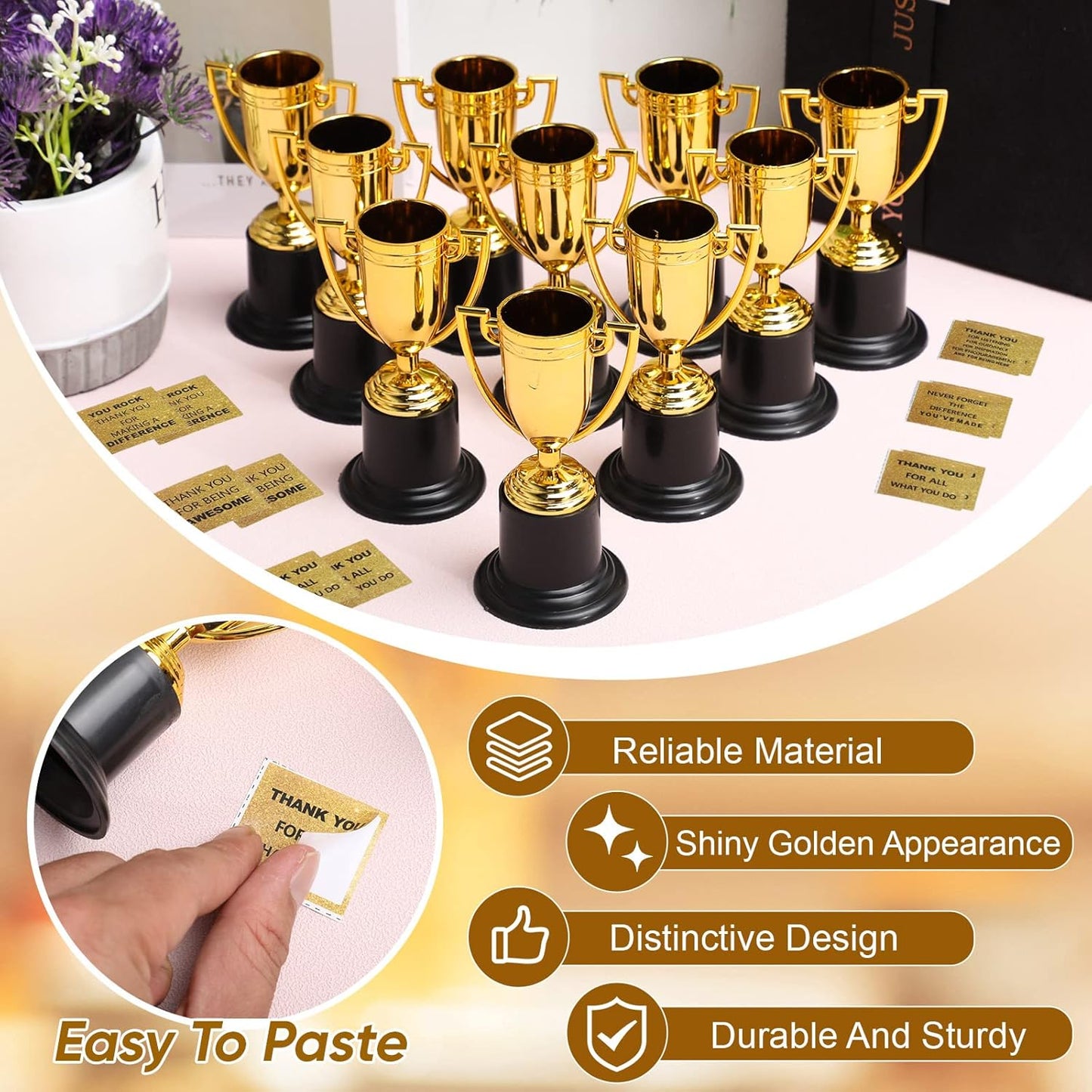 Highergo 24 Pcs Mini Trophies Awards Plastic Gold Trophy Cups Party Favors Adults Metal Trophy with Stickers for School Football Golf Sports Competition Staff Reward Appreciation Gifts