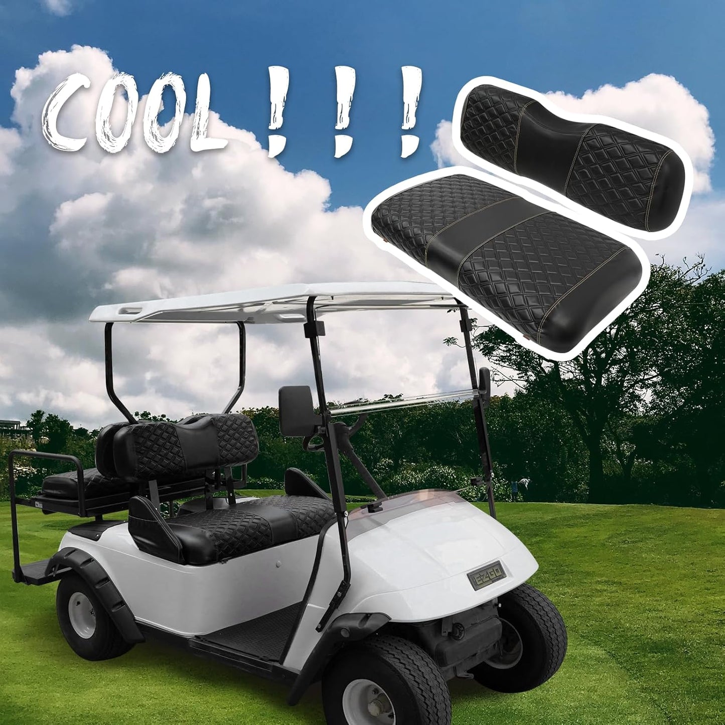 Golf Cart Seat Covers for EZGO TXT 1994-2013 Front OEM Universal Seat Cushion, Marine Grade Vinyl Leather EZGO TXT Seat Covers/Easy to Install-Black (2PCS)