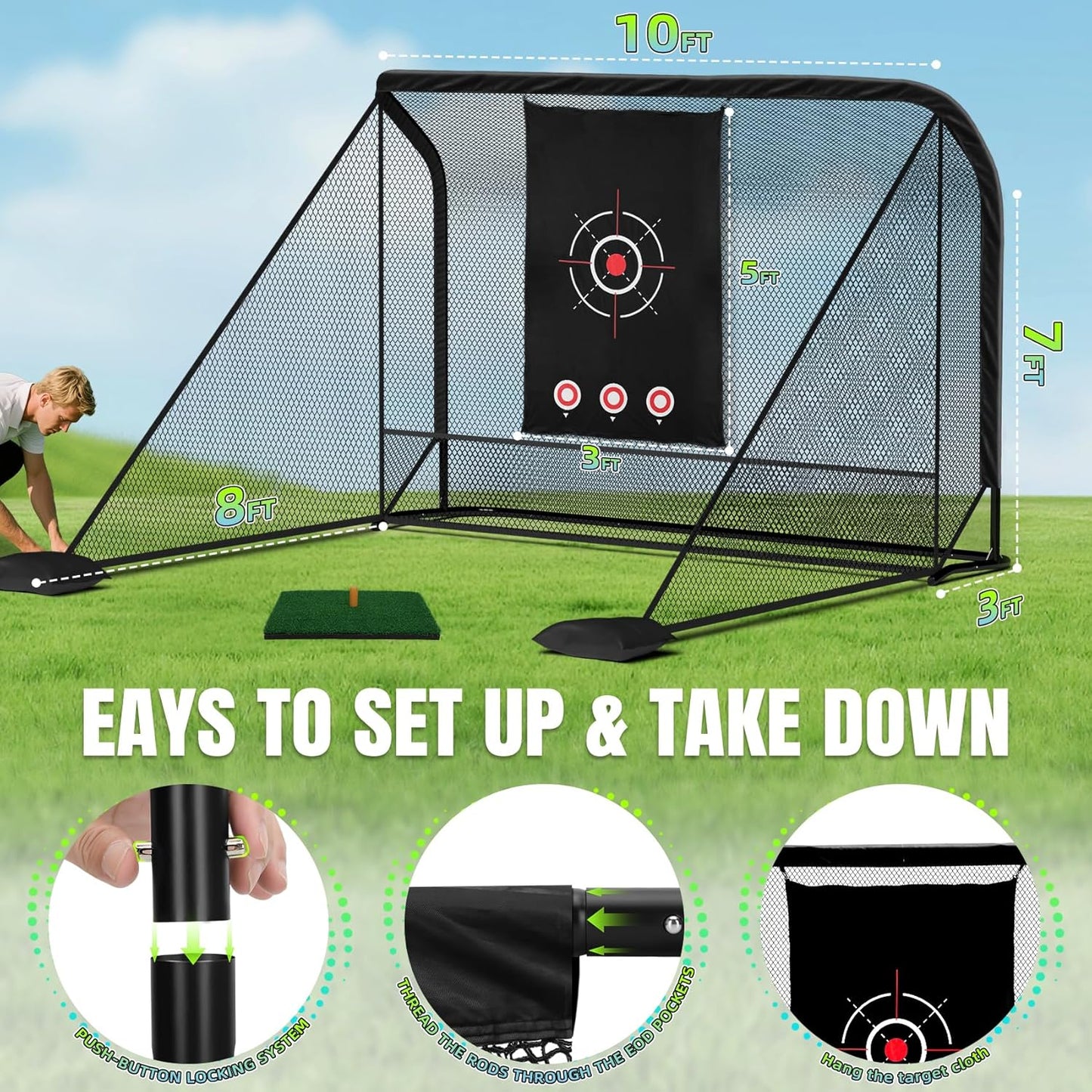 10x7ft Heavy-Duty Golf Practice Net with Hitting Mat & 2 Side Nets | Easy 10-Min Setup & Portable Bag | Low-Noise Impact Target for Backyard, Garage & Outdoor Driving & Chipping Practice