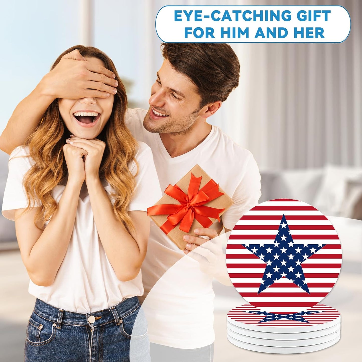 American Stars & Stripes Coasters Set of 4, Round 4" Absorbent Ceramic Stone Coasters with Cork Base, Ideal Table Home Decor & Gifts