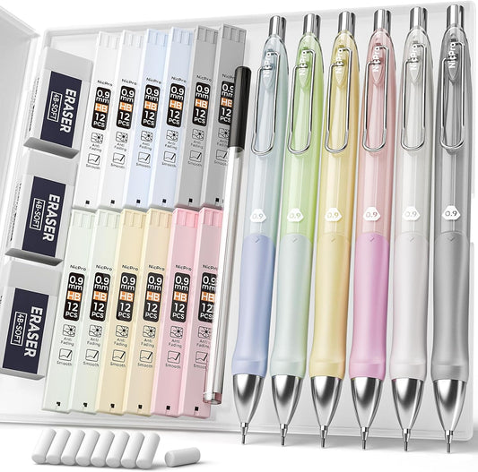 Nicpro 6PCS Pastel Mechanical Pencil Set 0.9 mm, Cute Mechanical Pencils 0.9 with Comfort Grip with 12 Tube HB Lead Refill, 3 Eraser, 9 Eraser Refill for Student Writing, Drawing, Sketching- with Case