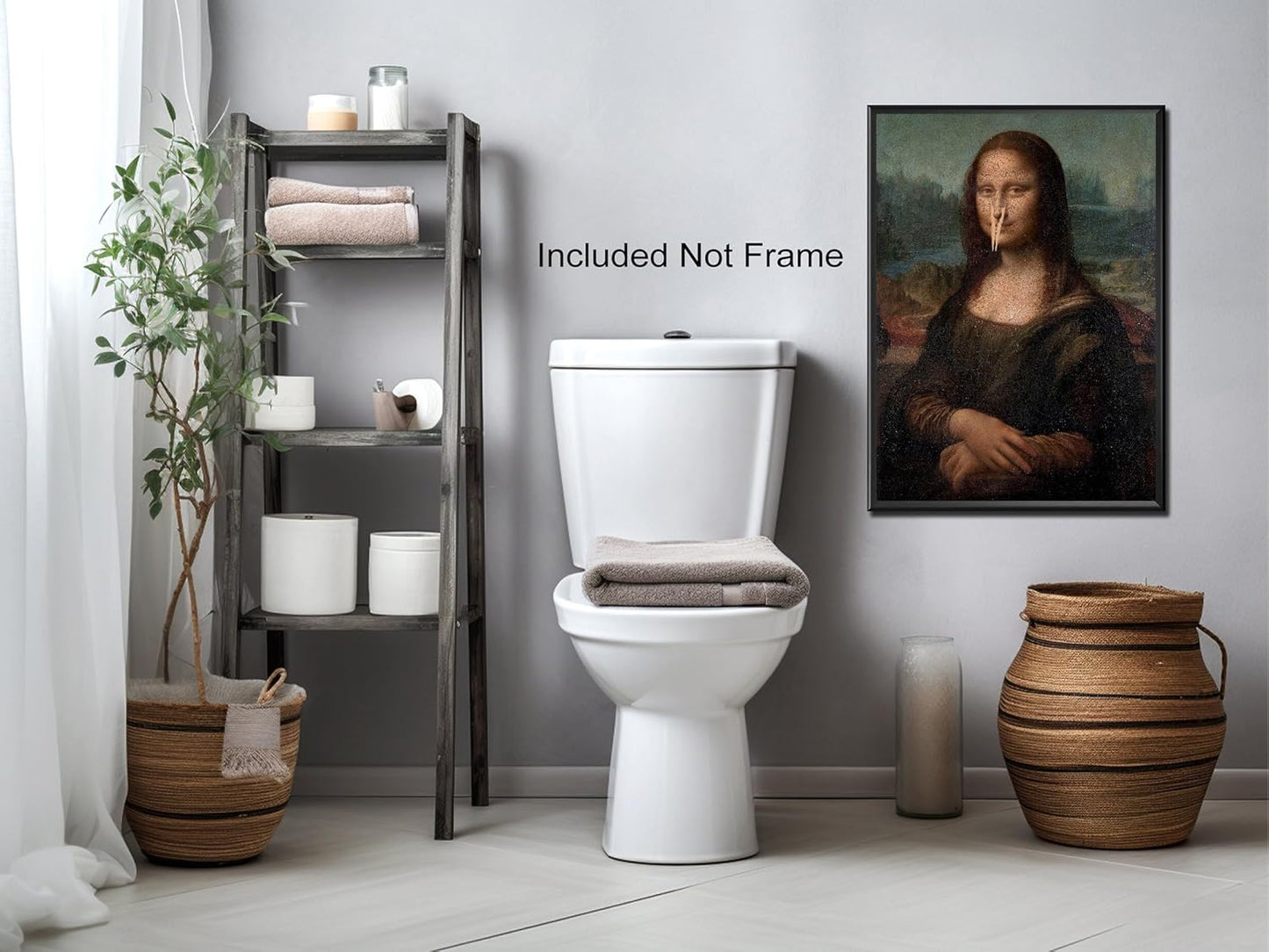 Funny Bathroom Wall Art Classical Oil Painting Mona Lisa Poster Amusing Pinching Nose Canvas Prints Vintage Humor Wall Decor for Restroom Toilet 12x16in Unframed