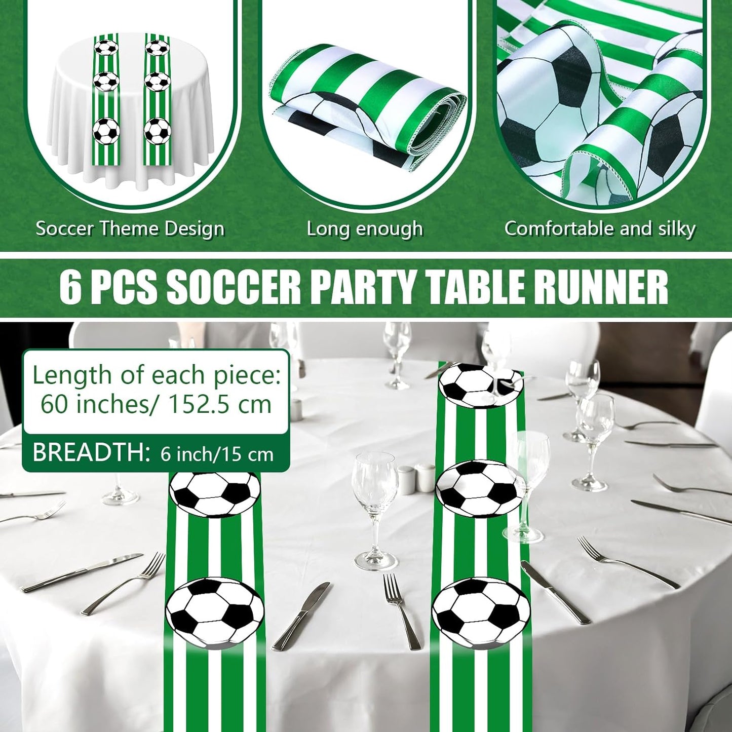 6 Pcs Soccer Party Table Runner 60 x 6 Inch Sports Tablecloth Runner Soccer Field Tablecloth Striped Table Cover for Sports Party Dining Room