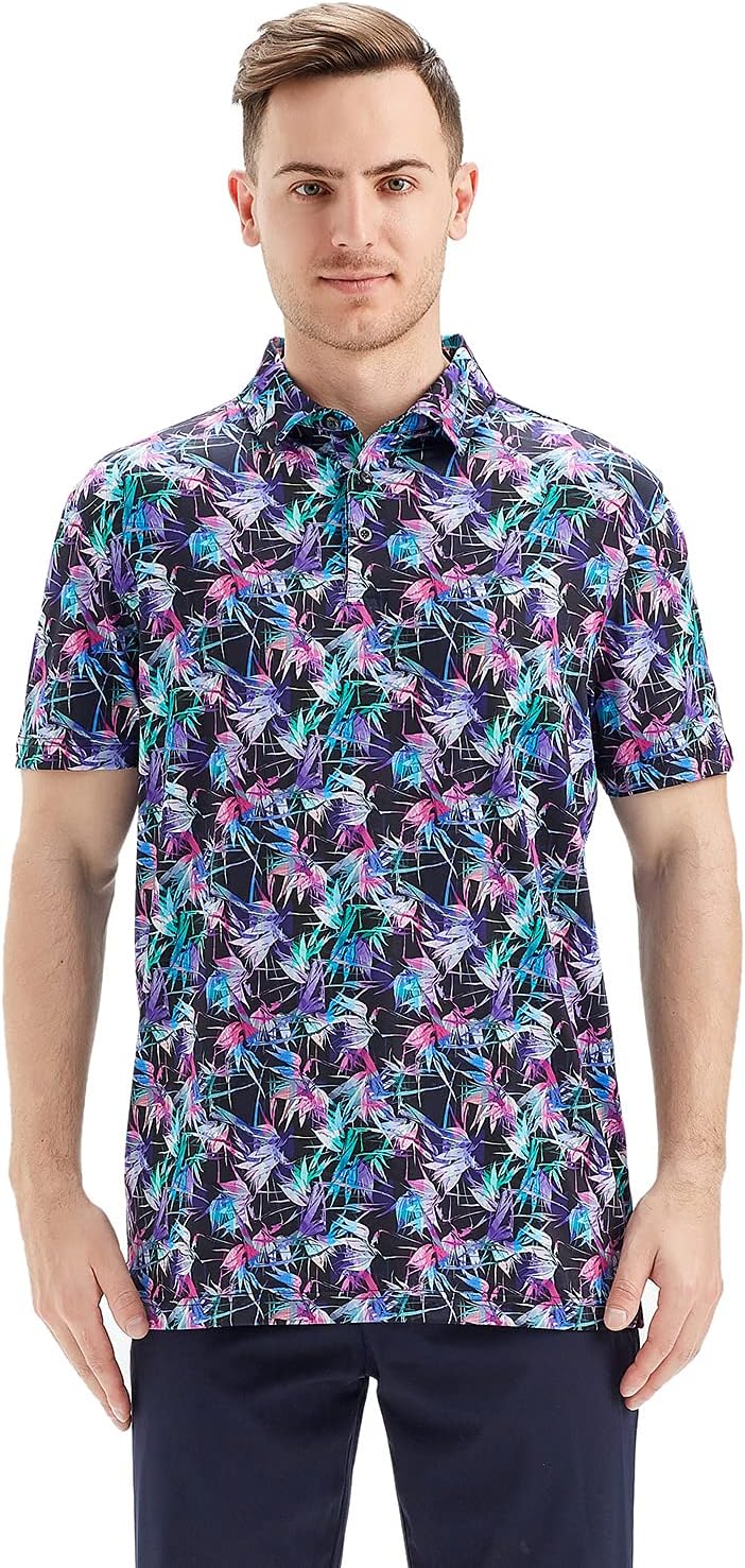 Golf Shirts for Men Dry Fit Short Sleeve Print Performance Moisture Wicking Polo Shirt