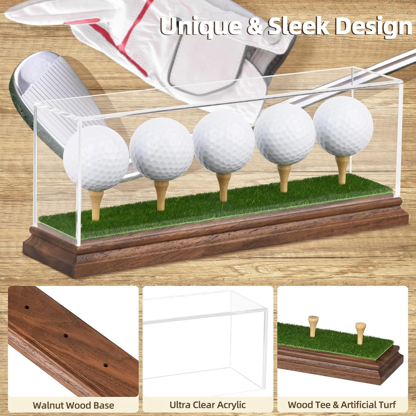 Golf Ball Display Case for 5 Golf Balls Holder Display Walnut Wood Base Acrylic Hole in One Golf Ball Case Display Uv Protection Golfball Stand Rack,Golf Office Decor Gifts for Men