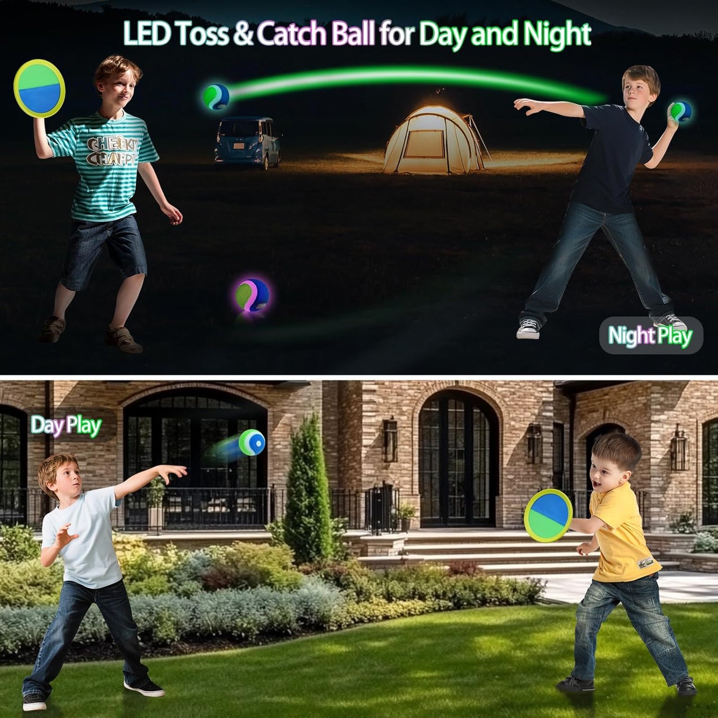 LED Toss and Catch Ball Set, Glow-in-The-Dark & Daytime Play with Rechargeable Multi-Color Flashing Light-Up Balls, Indoor & Outdoor Toy for Kids, Toddlers & Adults Fun, 2 Paddles & 2 Balls