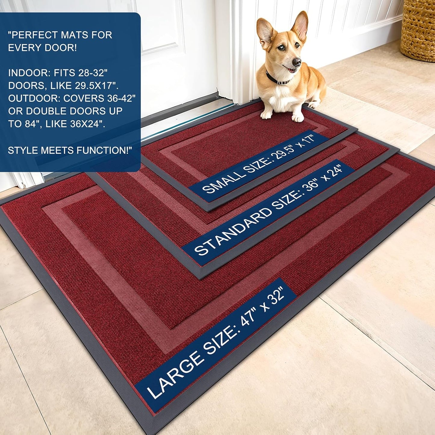 OLANLY Front Door Mat Indoor Outdoor Entrance, Waterproof All-Season, All-Weather Doormat, Sturdy Natural Rubber, Fade Resistant, Low Profile, Easy Clean Patio Porch Entryway Mat, 47x17, Wine Red