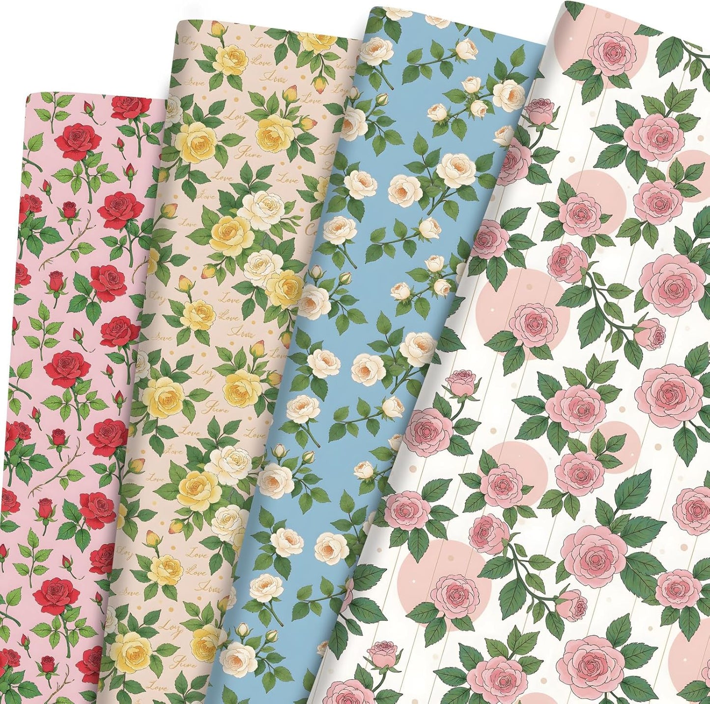 Pineraap Floral Rose Wrapping Paper 12 Sheets Red,White,Yellow,Pink Rose Themed Gift Wrap for Weddings,Birthdays,Bridal Showers,20"×28"