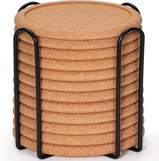 Cork Coasters for Drinks with Metal Holder, GOH DODD Absorbent Blank Coasters Tabletop Protection Home Decor for Housewarming Gifts Wedding Laser Engraving Wood Burning, Set of 12, Round, 4 Inch