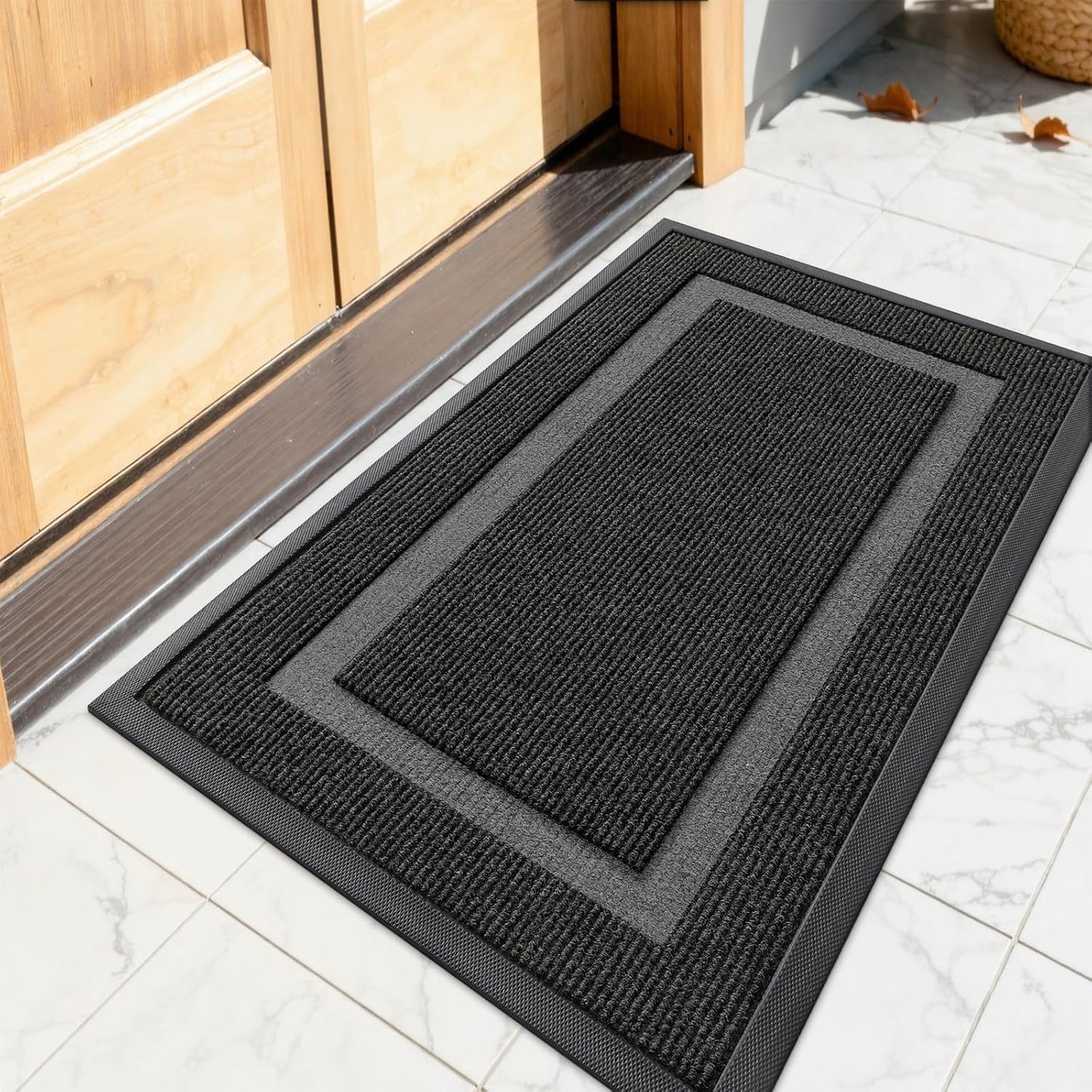 OLANLY Front Door Mat Indoor Outdoor Entrance, Waterproof All-Season, All-Weather Doormat, Sturdy Natural Rubber, Fade Resistant, Low Profile, Easy Clean Patio Porch Entryway Mat, 23.5x15.5, Black