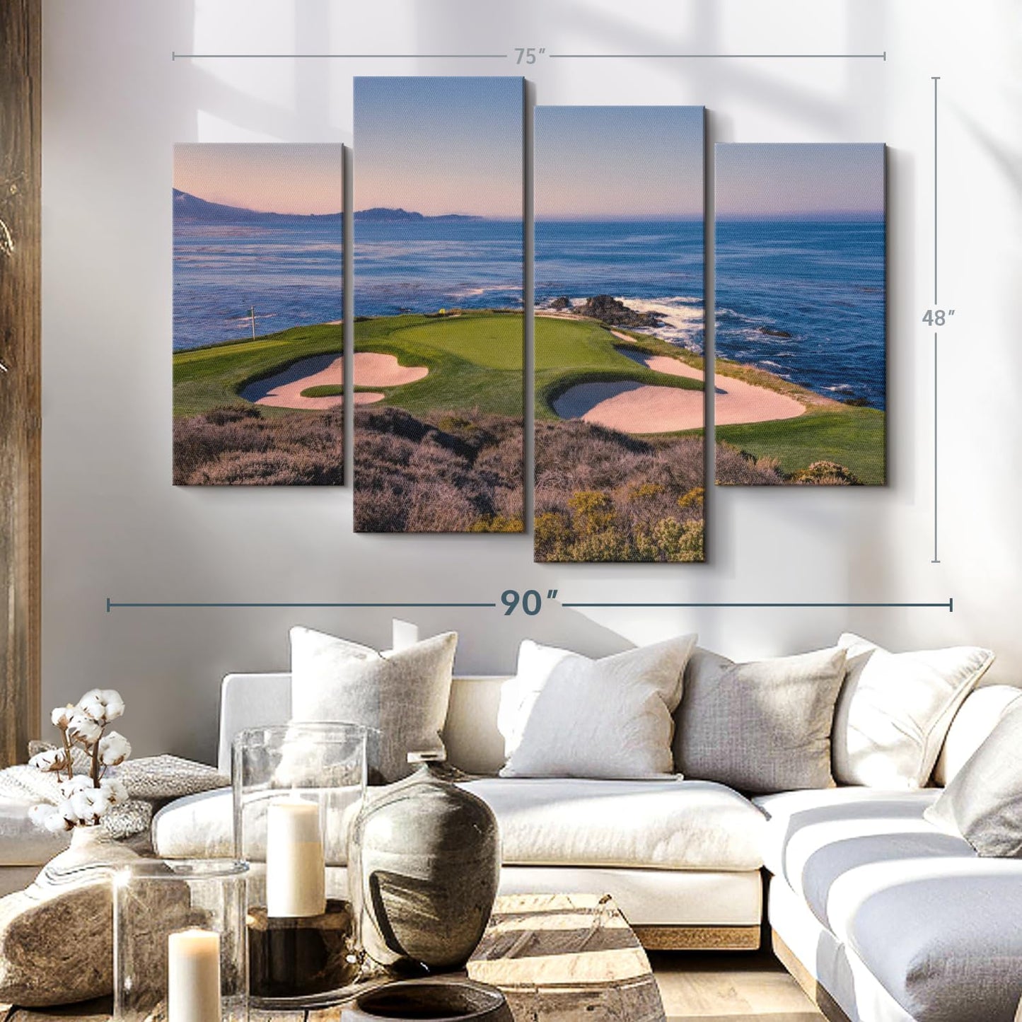 Elephant Stock Pebble Beach Golf Club Wall Art - Horizontal Canvas - 4-Piece Living Room Wall Decor - Luxury Photography Canvas Print - Beige and Blue Decor for Wall - 75" X 48"