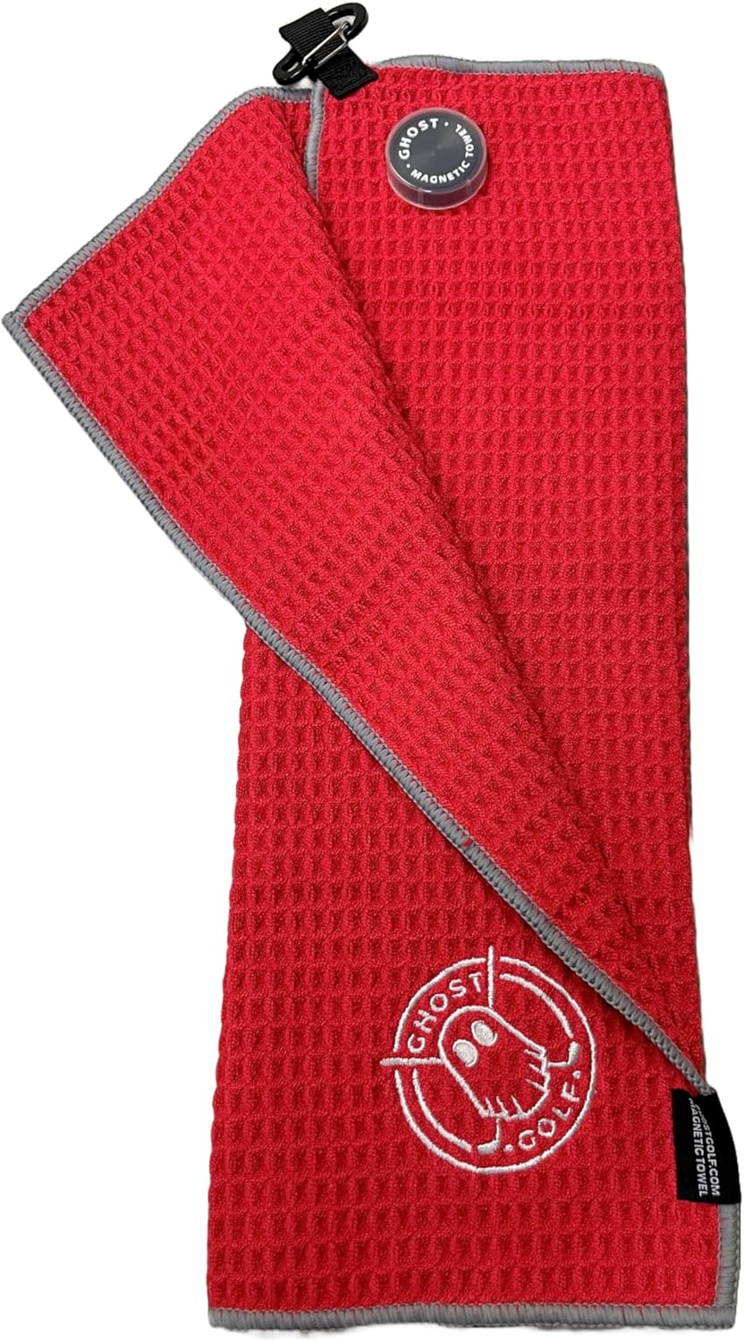 Ghost Golf Magnetic Towel (Greenside) - Premium Ultra-Absorbent Microfiber Golf Towel with Magnet for Golf Carts or Clubs - 18" x 18" Golfing Gear - Waffle Weave Pattern (Red)