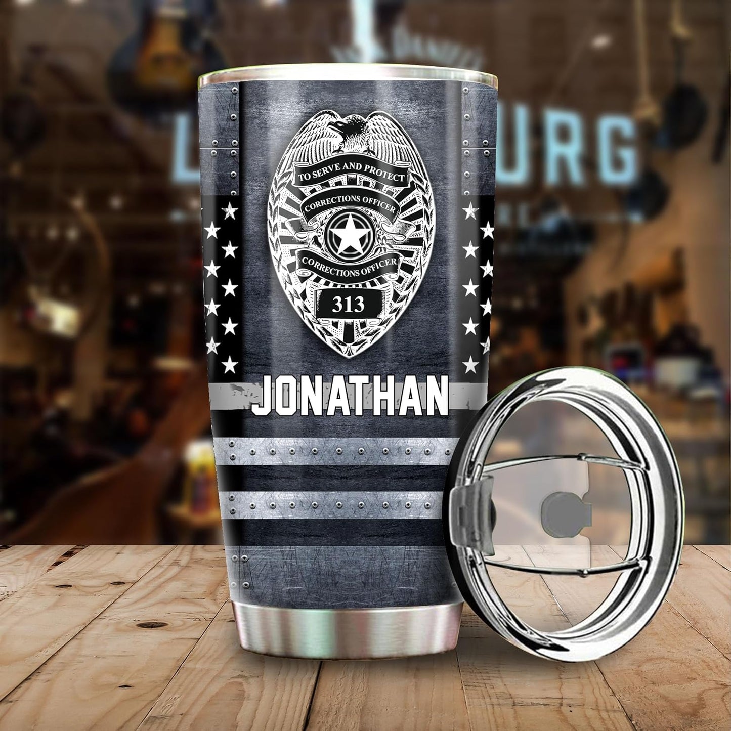 Custom Name Badge Correctional Officer - Thin Silver Grey Gray Line American Flag Coffee Tumbler - Patriot Pride Gifts - Corrections Officer Police Gifts - Tumbler With Lid