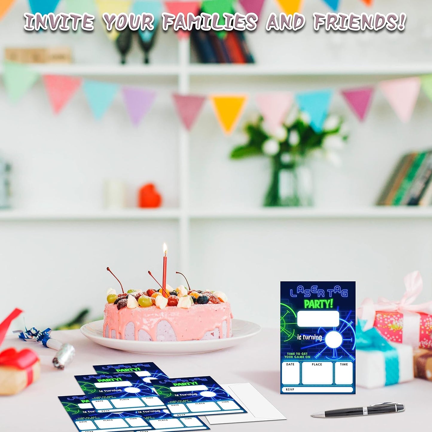 Laser Tag Invitation Neon Glow Laser Tag Birthday Party Invitations, 20-Count Birthday Party Invites With Envelopes-HBYQK-B04