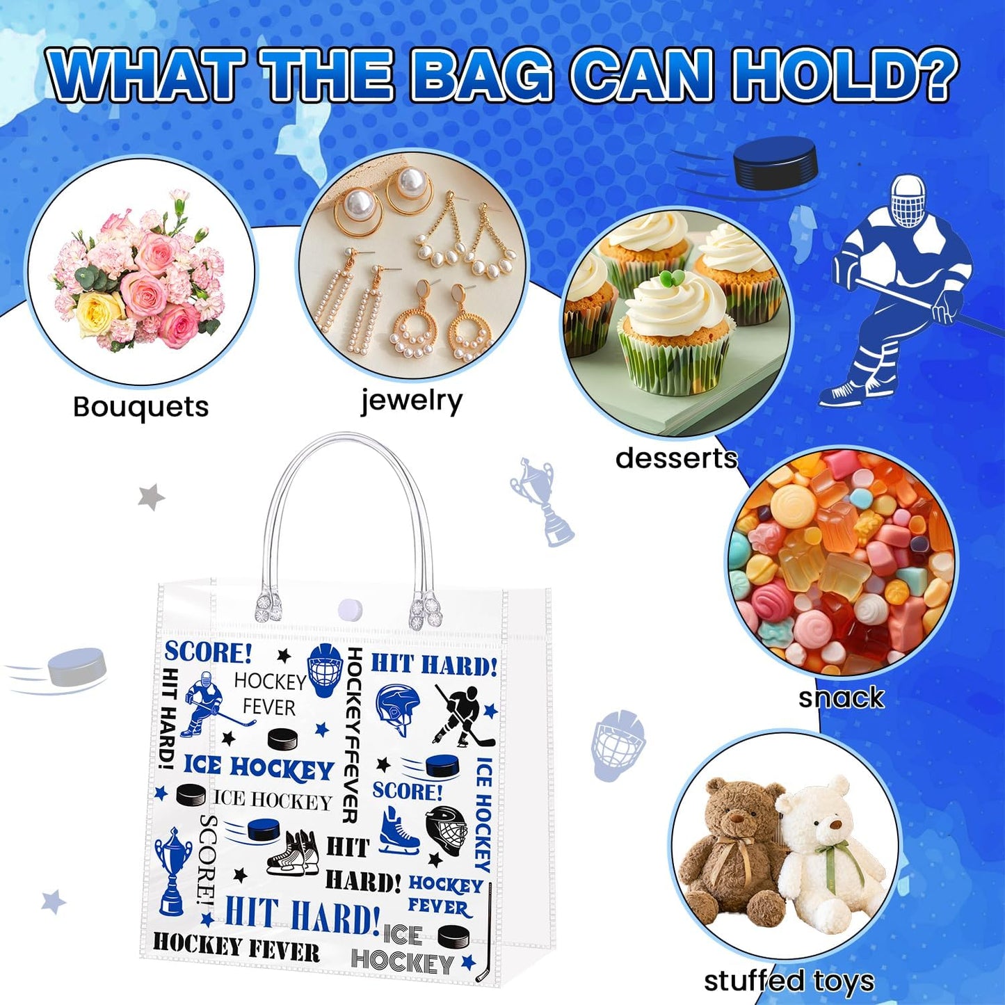 Liobelon 24 Pieces Transparent Ice Hockey Goodie Bags Hockey Clear PVC Gift Bag with Handles 7.9 x 7.9 x 3.1Inch Sport Theme Party Favor Bags for Birthday Holiday Sports Team Game Celebration