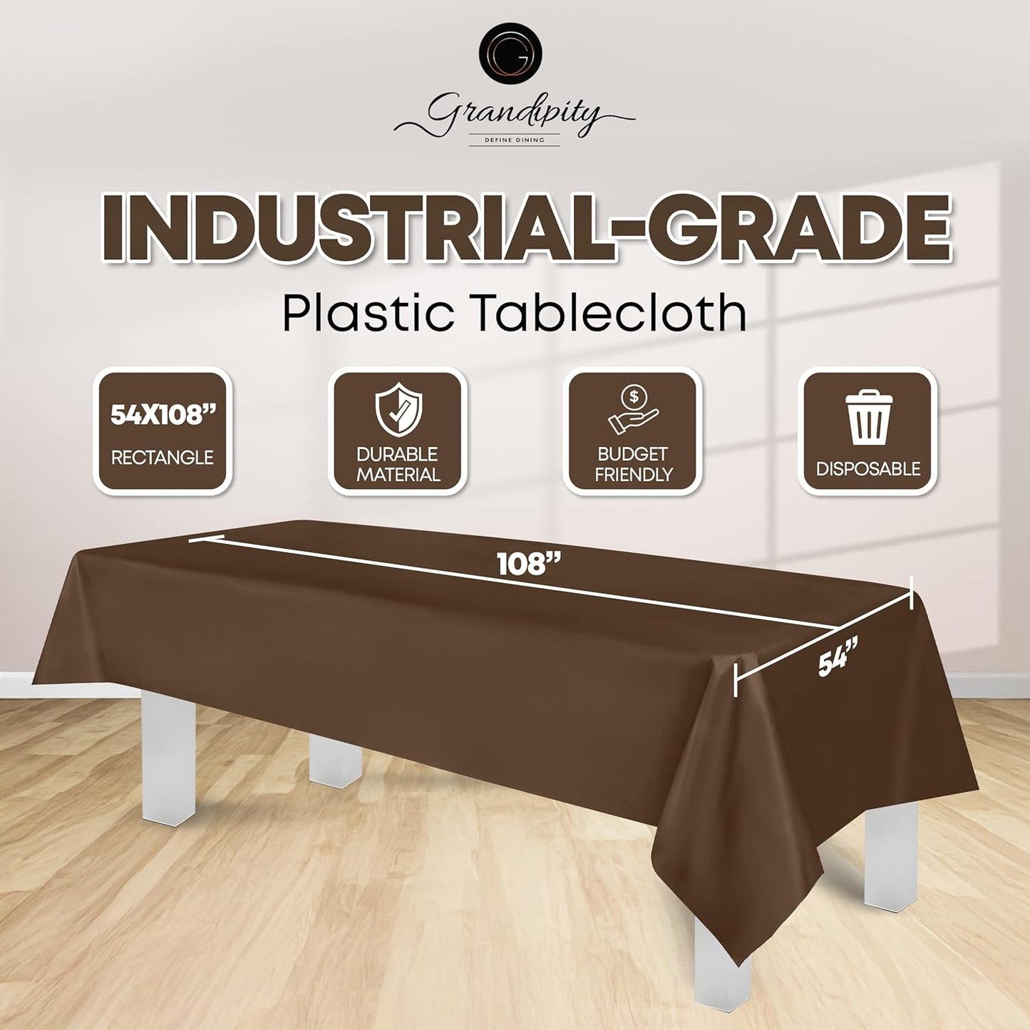 Grandipity 12 Pack Premium Disposable Plastic Tablecloth 54 Inch. x 108 Inch. Decorative Rectangle Table Cover - Brown