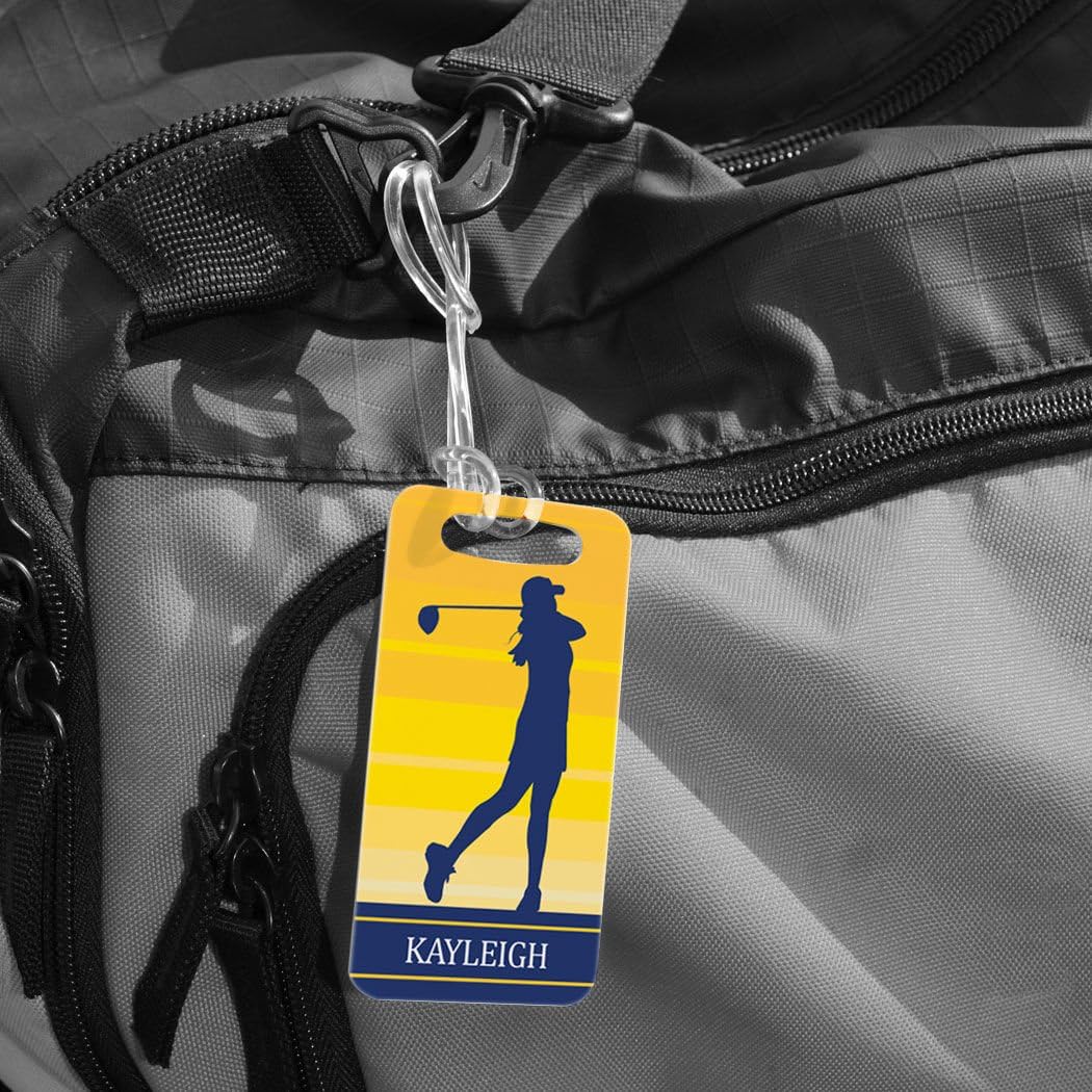 ChalkTalkSPORTS Golf Luggage & Bag Tag | Personalized Female Golfer | Standard Lines on Back | Small | Yellow