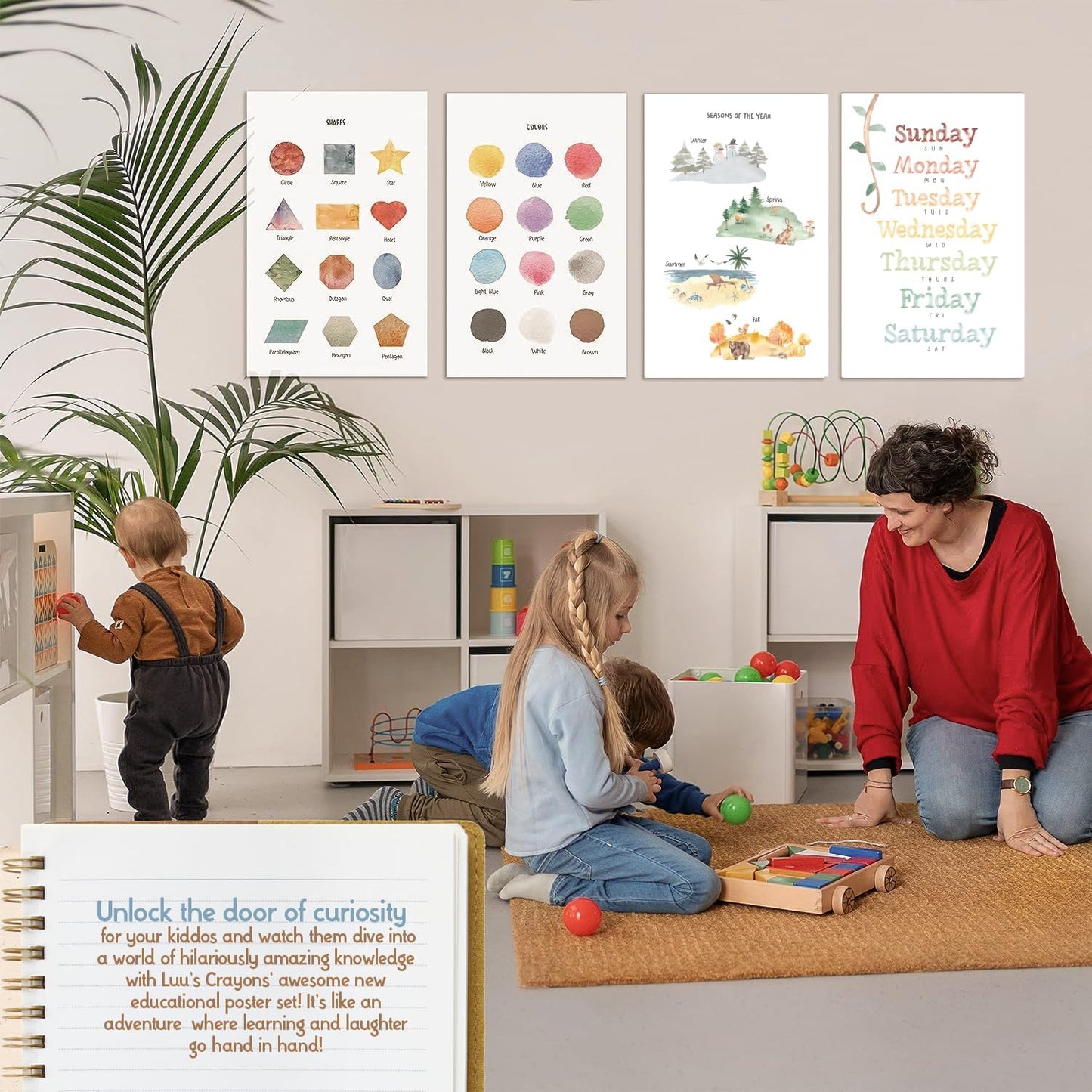 Educational Posters for Toddlers 11x17" Set of 12 - Learning Preschool Posters - Including: Alphabet , Numbers, Months, Days of the Week, Worldmap, USA Map, Solar System, Seasons, Shapes, Colors,