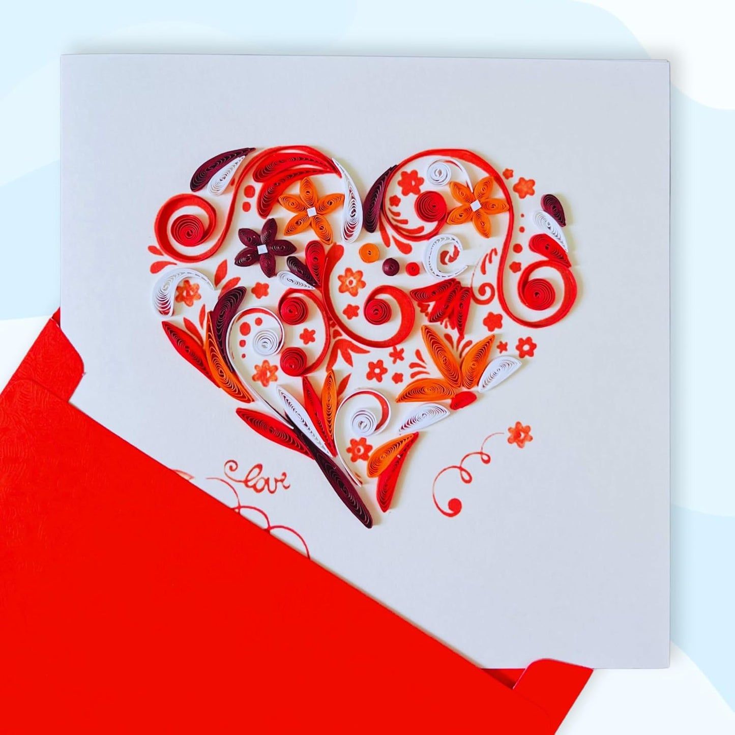 Quilling Cards, handmade card, quilled cards with Handmade Art for all occasions: quilling birthday card for women, Birthday card, mother... colorful heart design (Red heart)