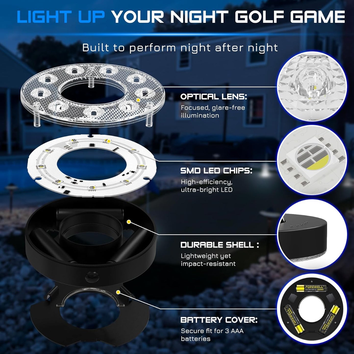 KINGTOP LED Golf Hole Light with Anti-Glare Lens - Battery Operated, Glow in The Dark Putting Cup Lights, Ideal for Night Golf, Backyard Practice Putting Green & Golf Parties