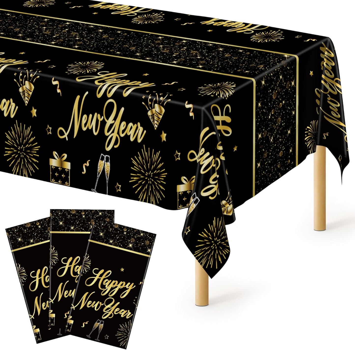 3 Pcs New Years Tablecloth, 108 x 54 Inches Disposable Plastic NYE Table Cover 2026, Rectangle New Years Eve Tablecloth with Black Gold Firework Design, Waterproof Table Cover for Nye Party Supplies