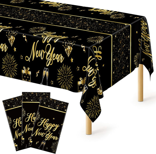 3 Pcs New Years Tablecloth, 108 x 54 Inches Disposable Plastic NYE Table Cover 2026, Rectangle New Years Eve Tablecloth with Black Gold Firework Design, Waterproof Table Cover for Nye Party Supplies