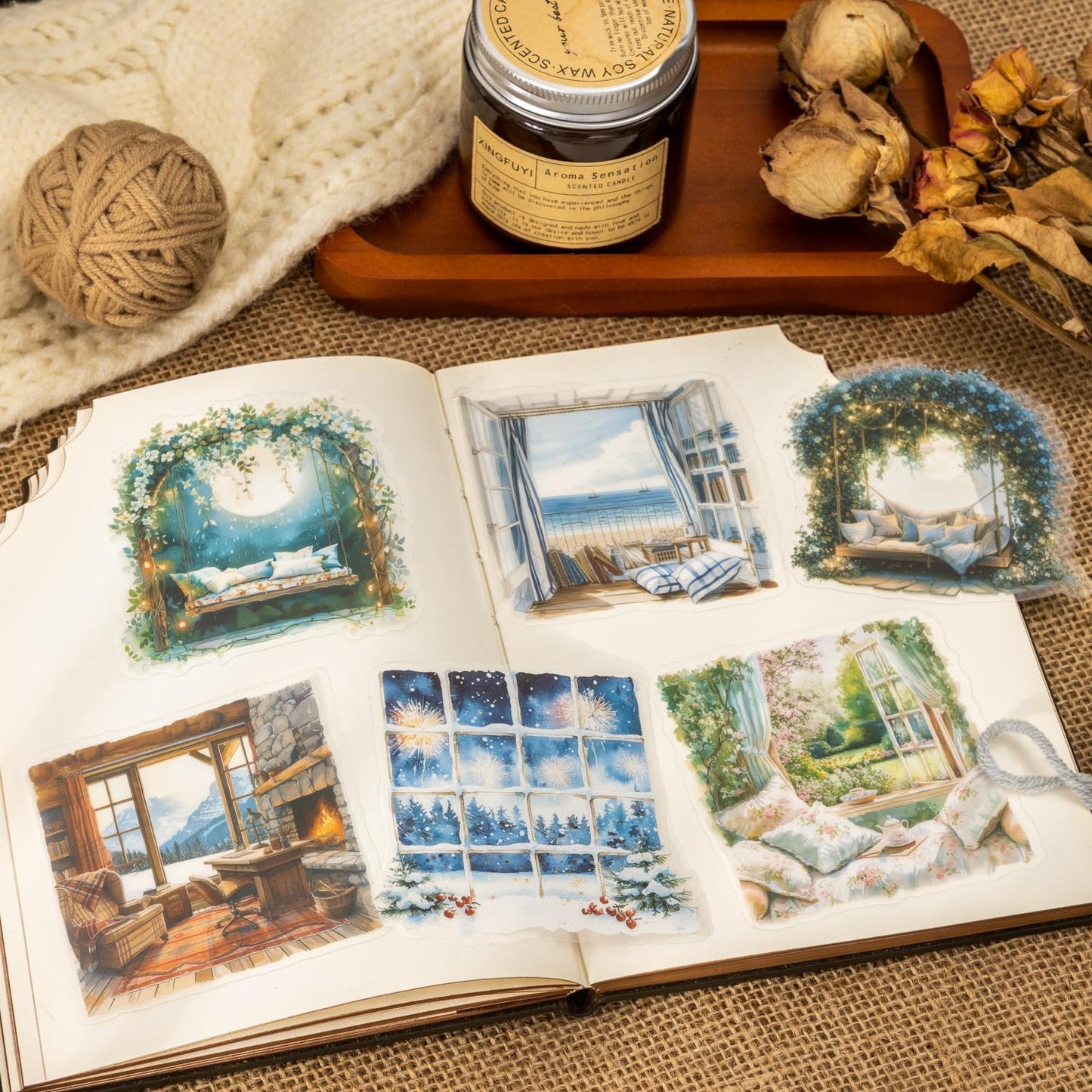 Window Scenery PET Sticker Set, 60Pcs Large Landscape Stickers for Scrapbooking, Journaling, Junk Journal Supplies, and DIY Crafts