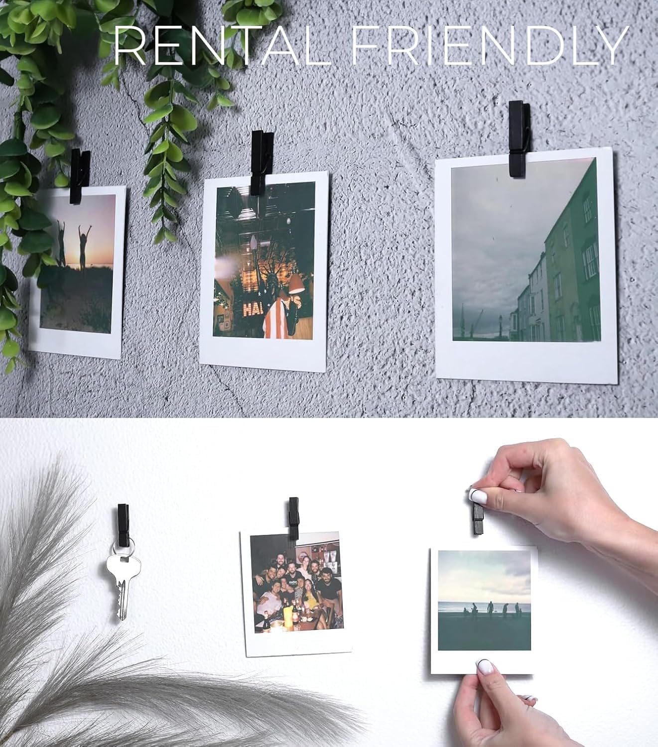 50 Pack Mini Self Adhesive Clips for Pictures - Black Wood Clip Photo Holders for Wall, Poster Hanger, Photo Cards Hanging Display Board & Picture Boards, Artwork Photos Holders Card Room Decor