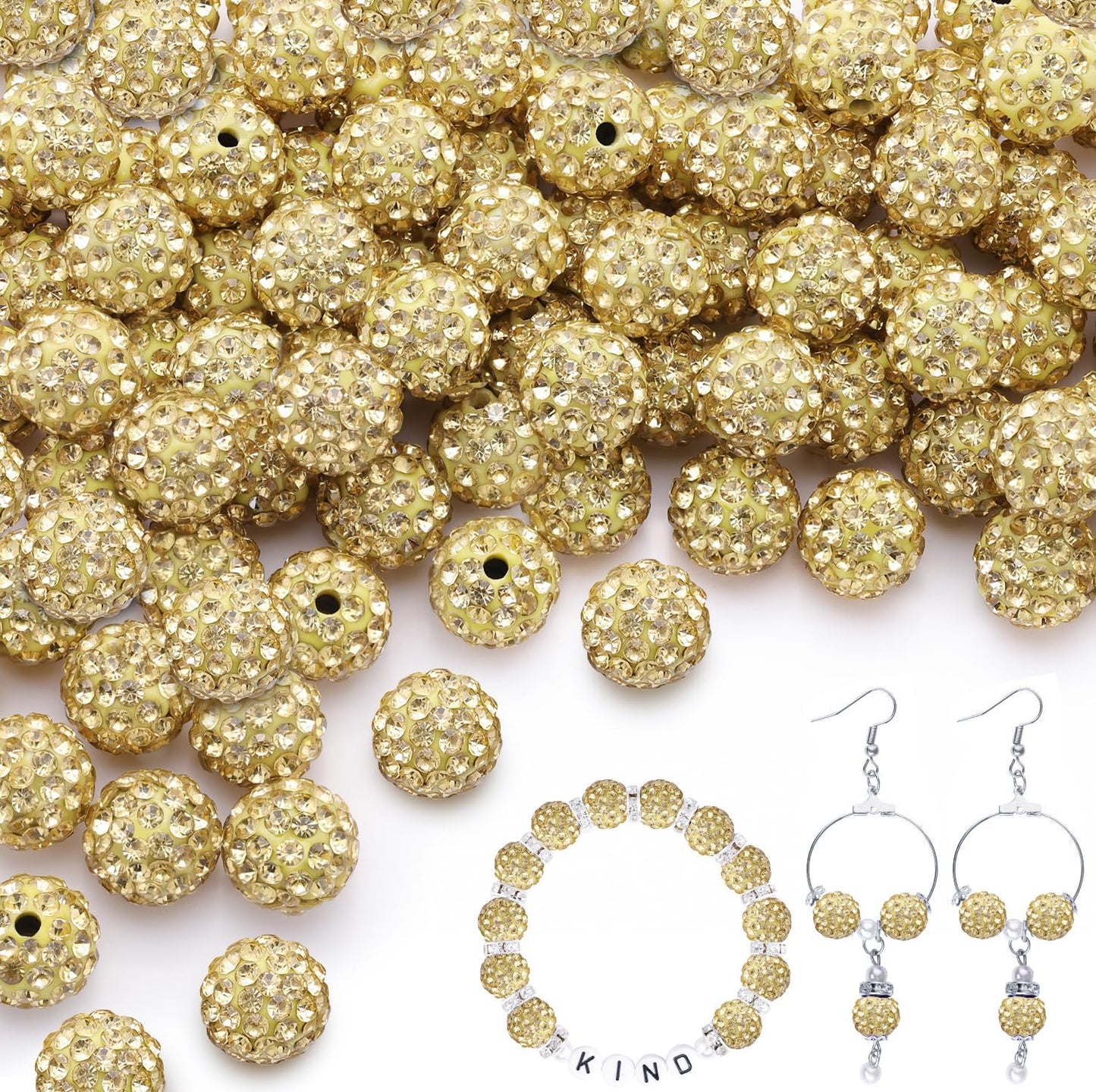 150pcs 10mm Rhinestone Beads for Jewelry Making, Light Yellow Shiny Round Shamballa Disco Beads Bulk, Sparkle Crystal Clay Christmas for Bracelet Baseball Necklace Earring Crafting and DIY