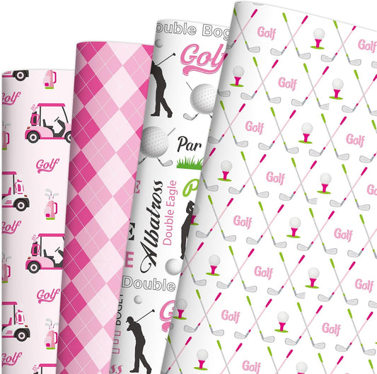 EoBeCy Pink Golf Wrapping Paper for Women Girls, 12 Sheets Folded Gift Wrap with Golf Carts, Clubs, Balls, and Argyle Prints, Sports Wrapping Paper for Birthday Retirement Bridal Shower, 20"×28"