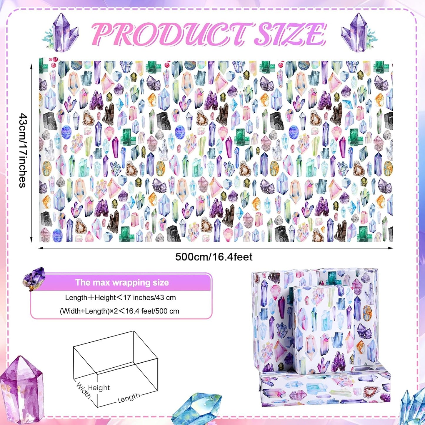 Gem Crystal Wrapping Paper Roll - 17Inch x16.4Feet - Watercolor Multicolor Precious Stone Design Gift Wrap for Birthdays,Holidays,Celebrations
