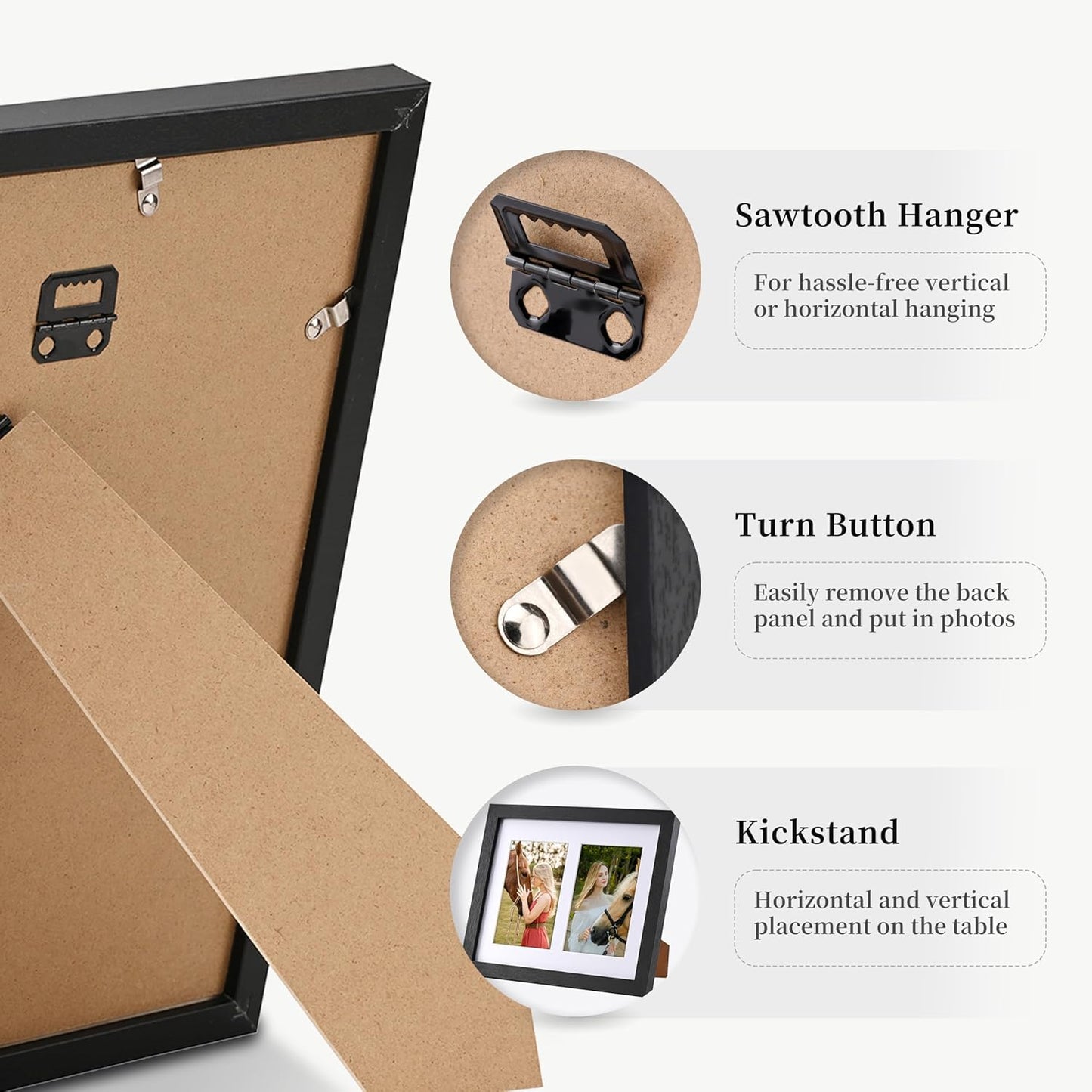 8x10 Pine Wood Collage Picture Frame Double 4x6 Picture Frame with Tempered Glass Fits 1Pc 8x10 Picture or 2Pcs 4x6 Photos With Mat For Tabletop or Gallery Wall Mounted-Rustic Black