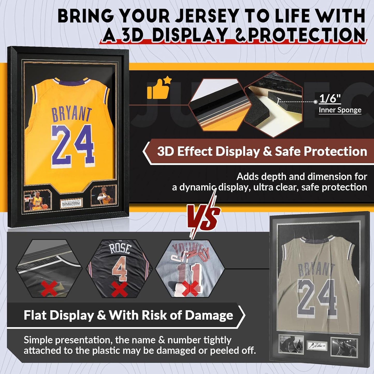 JupDec Jersey Frame Display Case 3 Pack, Large Clear Acrylic Shadow Box with UV Protection for Basketball Baseball Football Soccer Hockey Shirt, Wall Mount Wooden Showcase, Idea Gift for Sports Fans