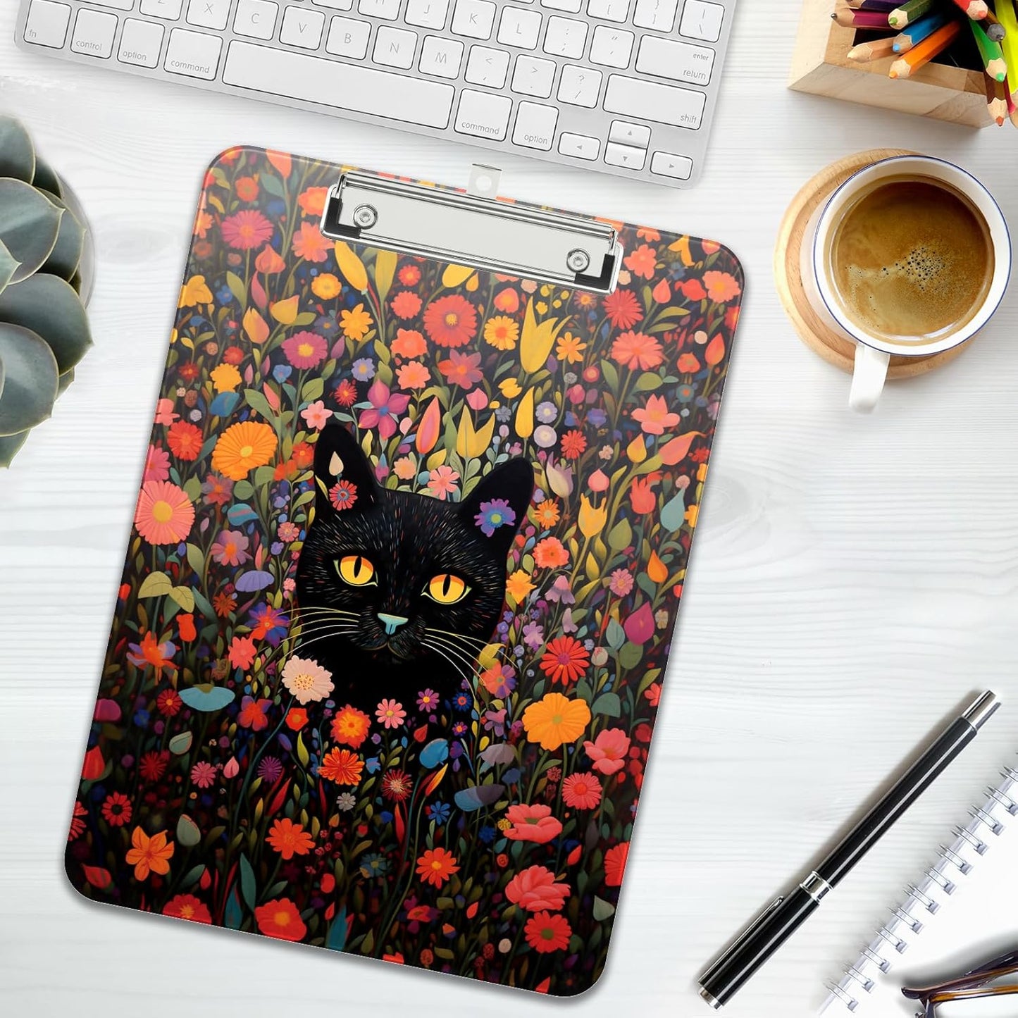 Rimilak Plastic Clipboards with Metal Clip, A4 Letter Size 9 x 12.5 in, Office Decorative for Students Women Men and Kids, Cute Custom Pattern, Flowers Cat
