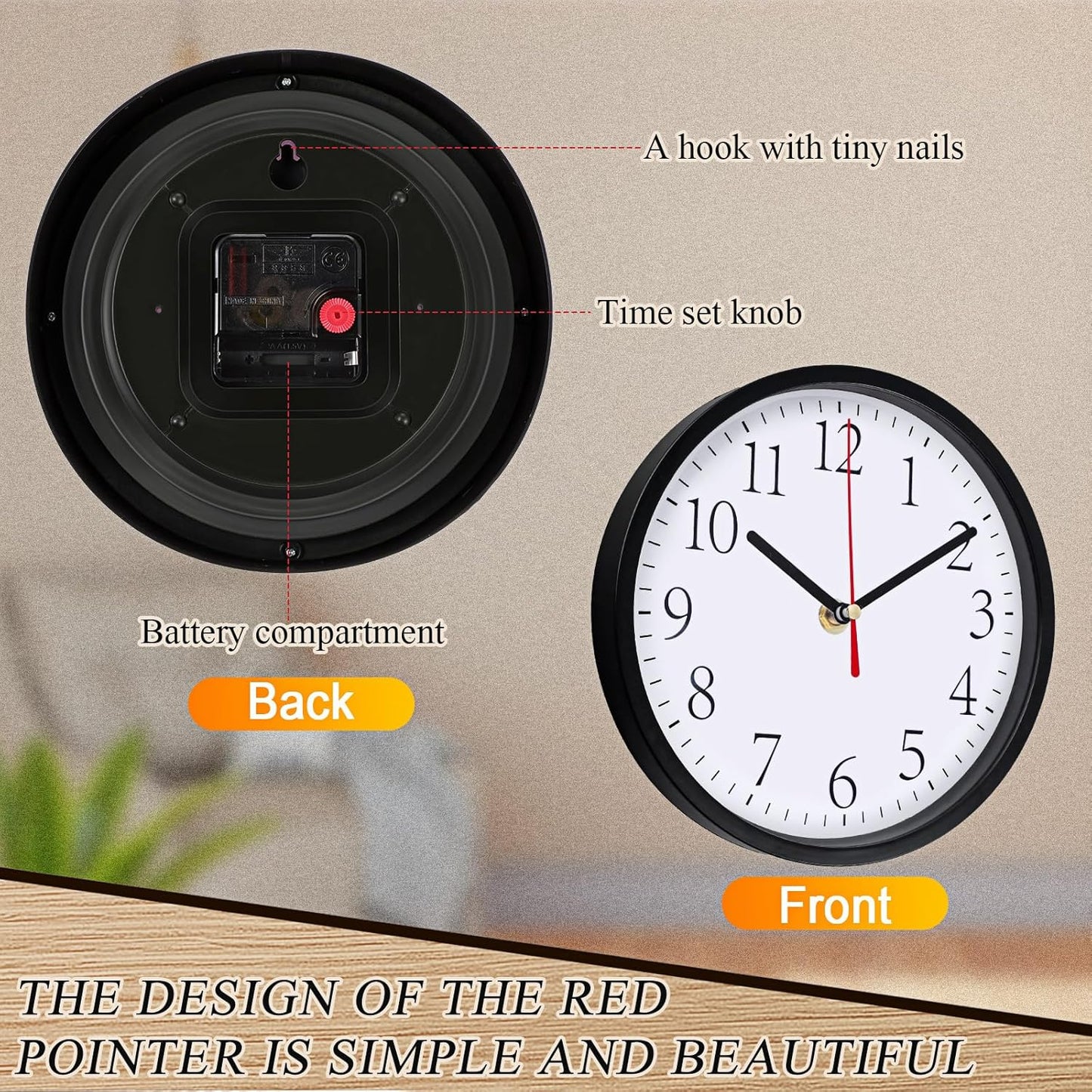 Inbagi 4 Pieces Wall Clocks Set Include Quartz Wall Clock Battery Operated Round Clock with 4 Pieces Hanging Chalkboard and White Marker Pen for Hotel Office Home Room Kitchen(8 Inch,Black)