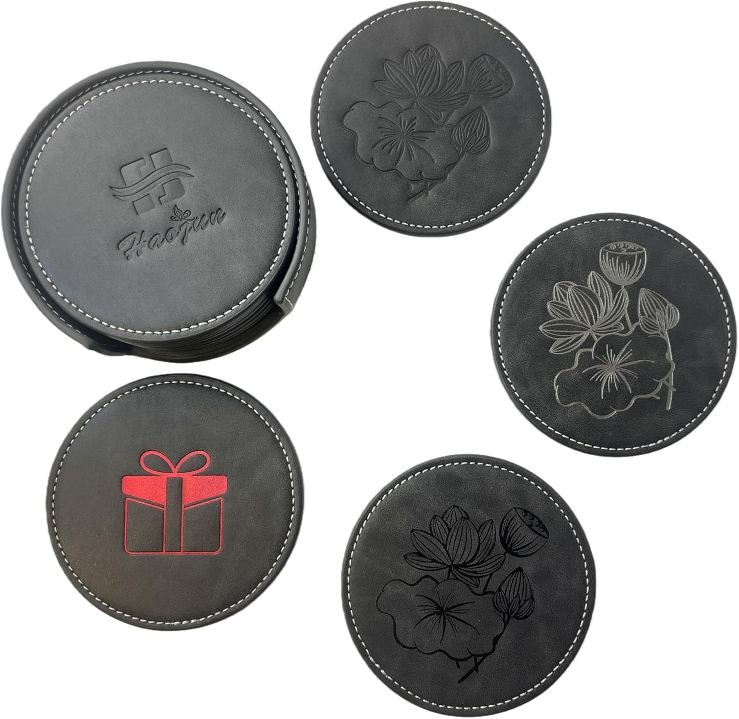 Custom Vintage Coasters Set of 6, Leather Coasters with Holder, Coaster for Office Desk, Non-Slip, Non-Stick, Easy Clean, for Housewarming Gifts, Home Decor, Wooden Table, Coffee Table, Bar (Gray)