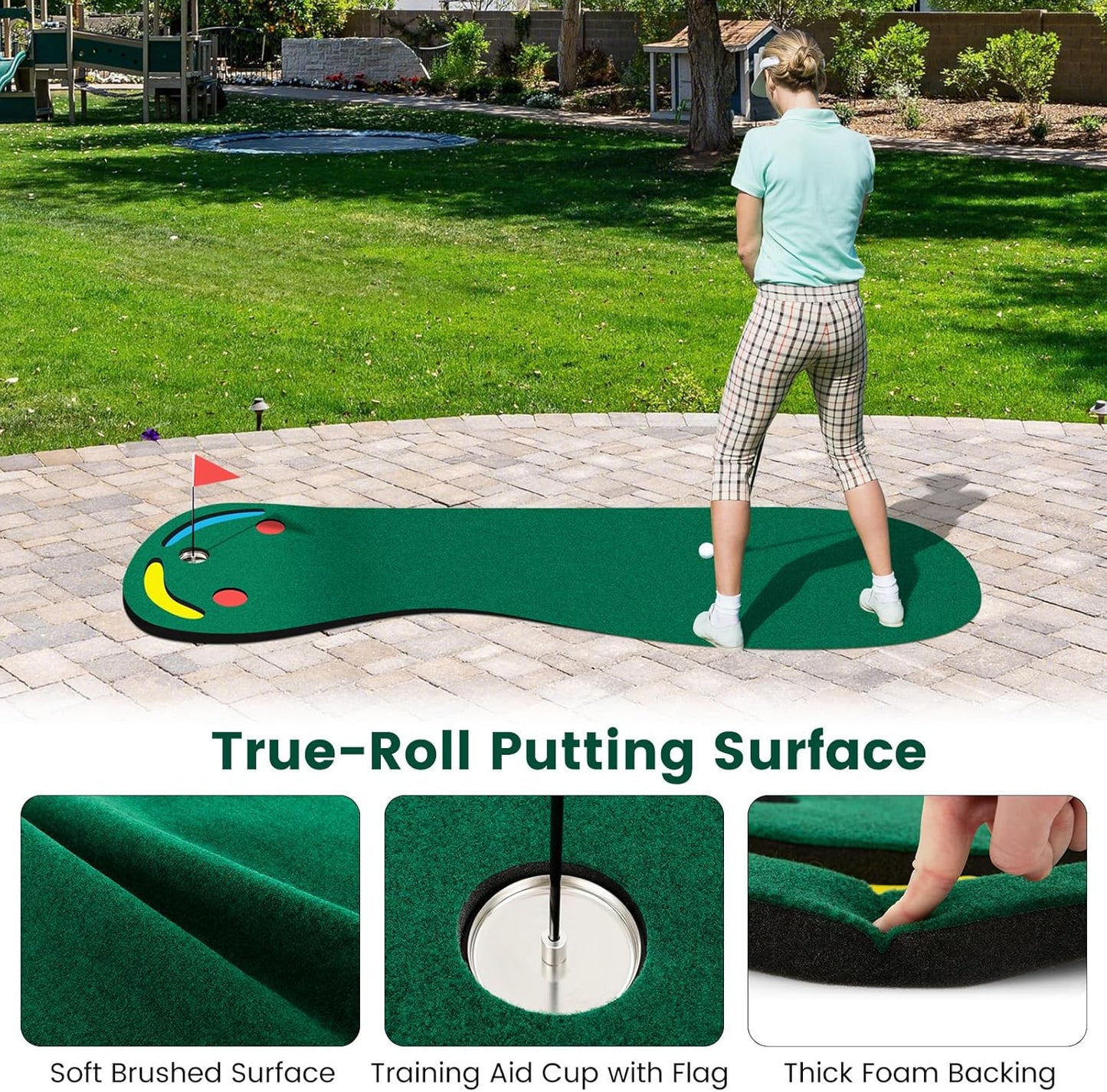 GYMAX Putting Green, 10 x 3 ft Par Three Putting Mat Set with 3 Putting Cups, 1 Flag and Golf Hole Covers, Putting Green Mat for Golf Training Practice Indoor/Outdoor, Garage, Backyard, Office