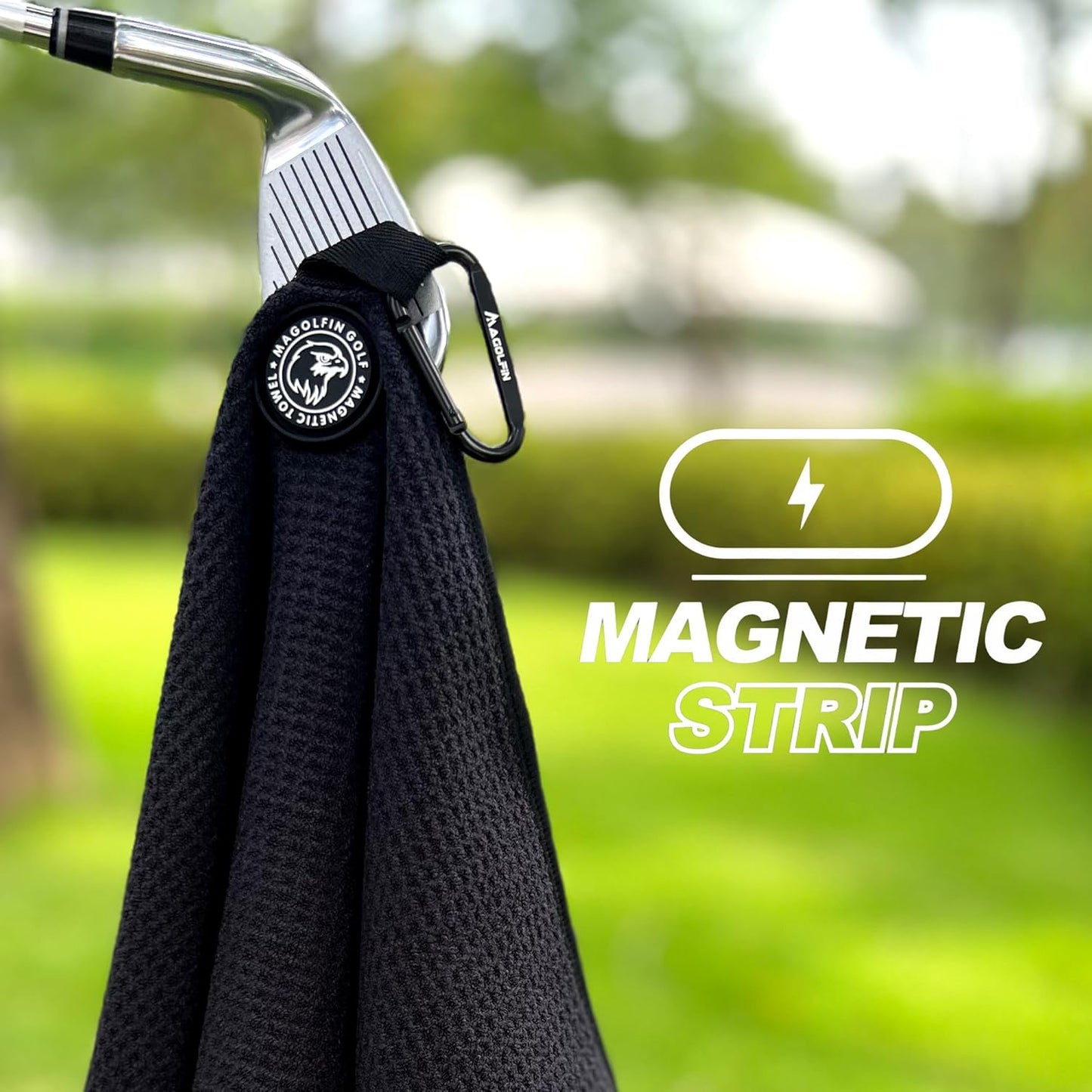 Magnetic Golf Towel with Clip, Microfiber Waffle Design - Industrial Strength Magnet for Strong Hold to Golf Bags, Carts & Clubs - Black